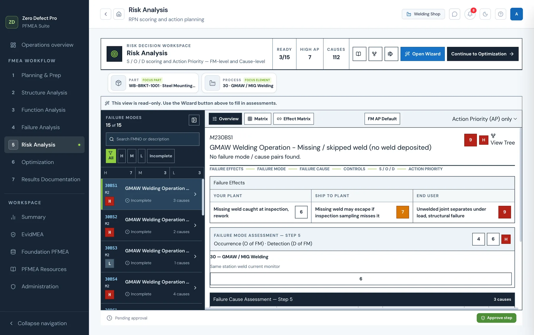 Zero Defect Pro risk analysis with severity, occurrence, detection and action priority